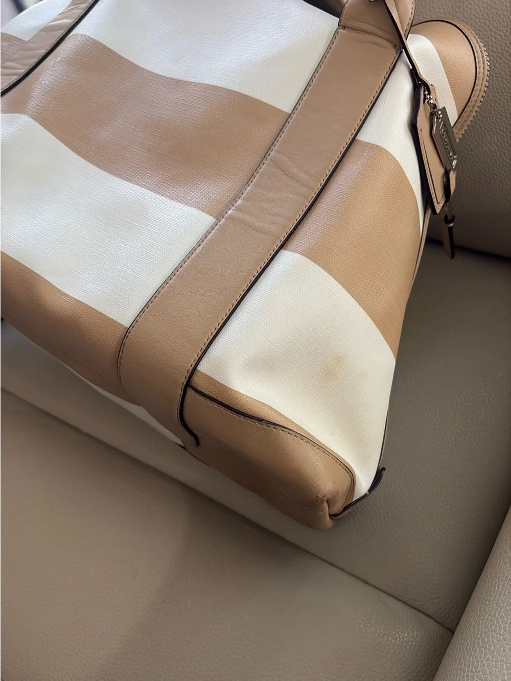 Coach Tan and White Striped bag with Wristlet